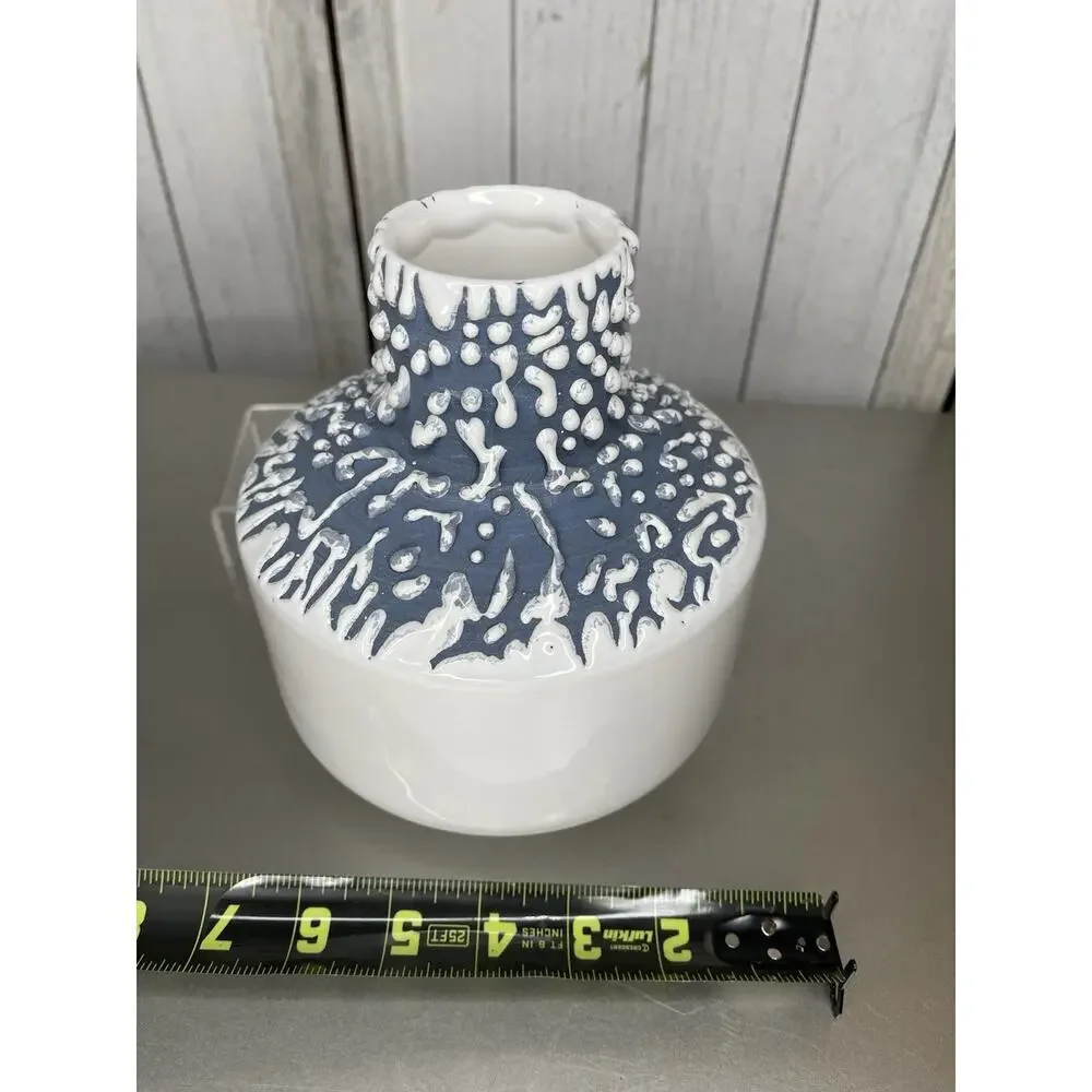 Crate & Barrel White and Blue Textured Drip Ceramic Vase Nautical Decor Portugal